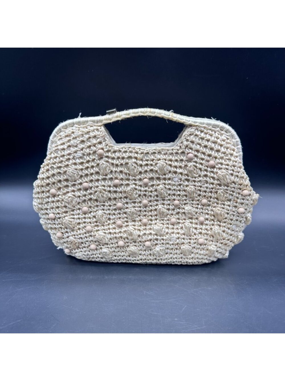 Vintage Handbag Purse Woven Plastic Beads Cream Beige Mid Century Japan Summer